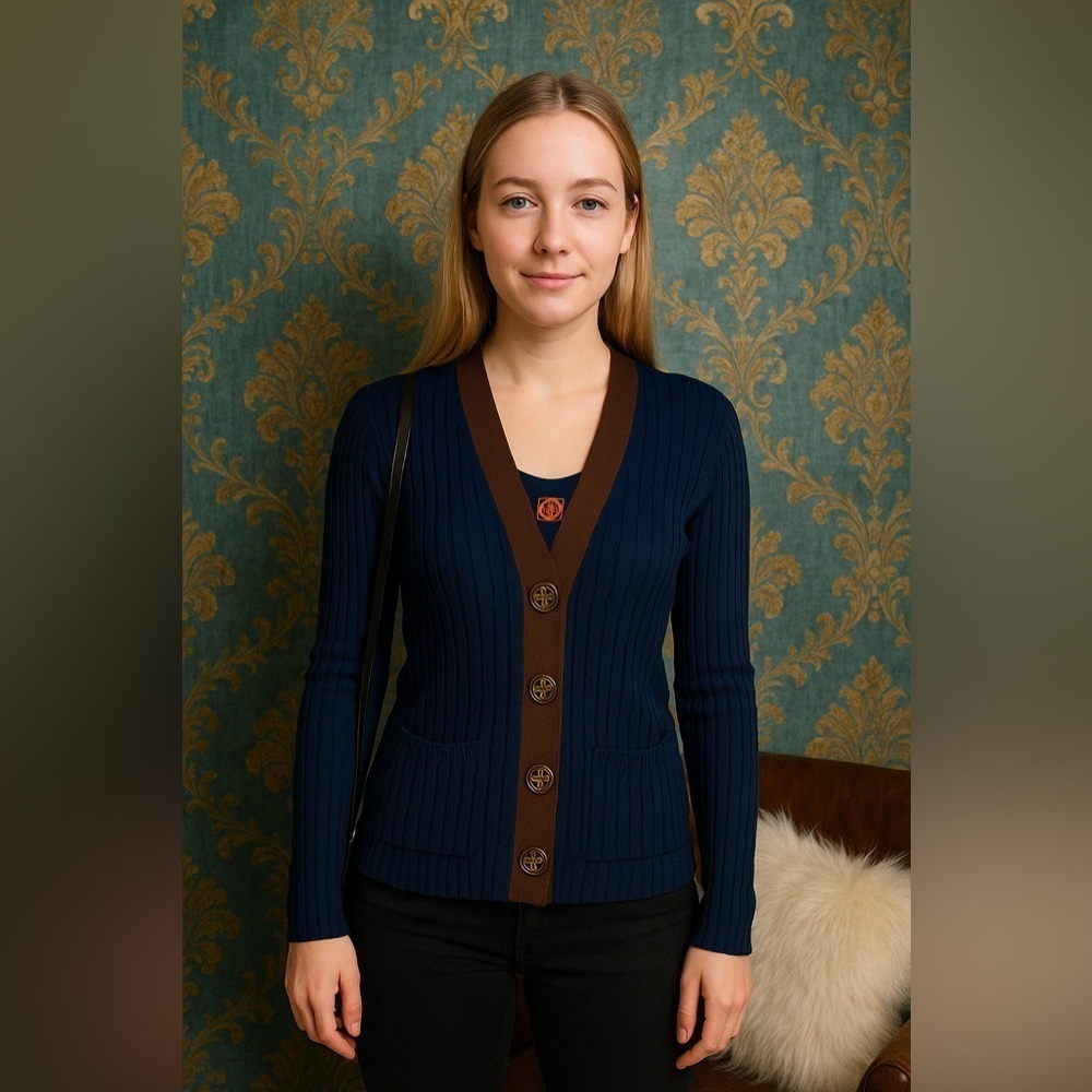 Tory Burch Simone Navy Brown Ribbed 100% Cotton V Neck Button Knit Cardigan S - Picture 12 of 13